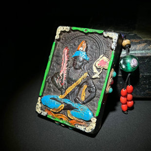 精品天然老陨石文殊菩萨佛牌吊坠黑铁陨石描彩八大守护项链坠颈饰