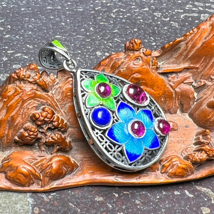 古法传承纯银景泰蓝水滴形吊坠挂件复古镶嵌红蓝宝石百搭颈饰挂坠