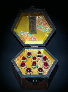 旧藏老银鎏金景泰蓝复古红宝石戒指女款藏银镶嵌蛋面烤蓝戒指套装