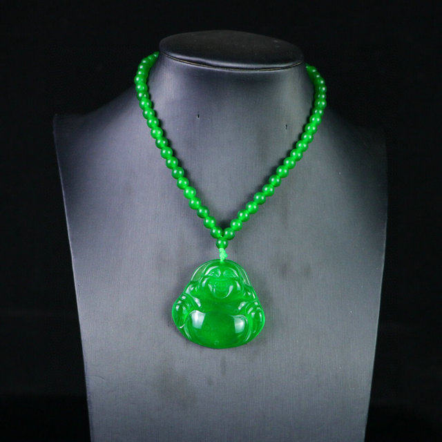 缅甸高冰种满绿翡翠玉佛公项链吊坠帝王绿弥勒佛玉佩男女款毛衣链