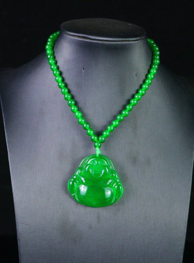 缅甸高冰种满绿翡翠玉佛公项链吊坠帝王绿弥勒佛玉佩男女款毛衣链