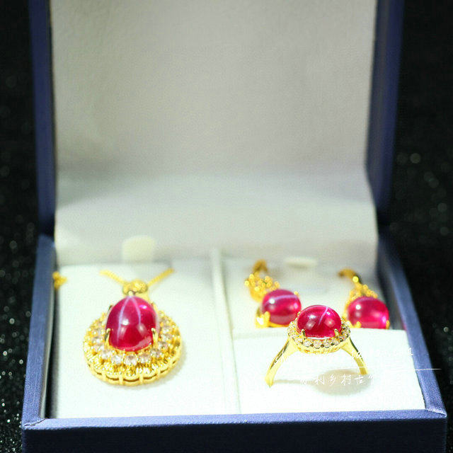 精品老红宝石项链耳环三件套组合套装女款复古时尚百搭首饰品