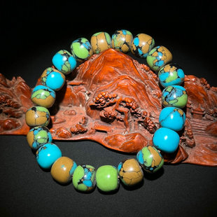 精品藏式唐三彩绿松石桶珠手链蓝色绿色老型高瓷高蓝文玩转运饰品