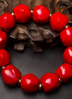 藏传老琉璃多棱珠红手串链流光老形瓜珠男女款佛珠百搭手持链转运