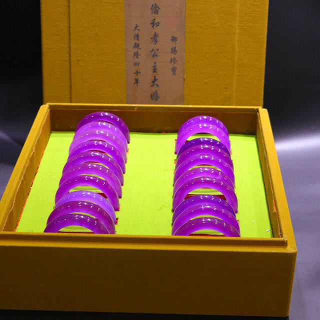 精品收藏老翡翠女款手镯老坑冰种料紫罗兰翠玉旺夫百搭款手环套装