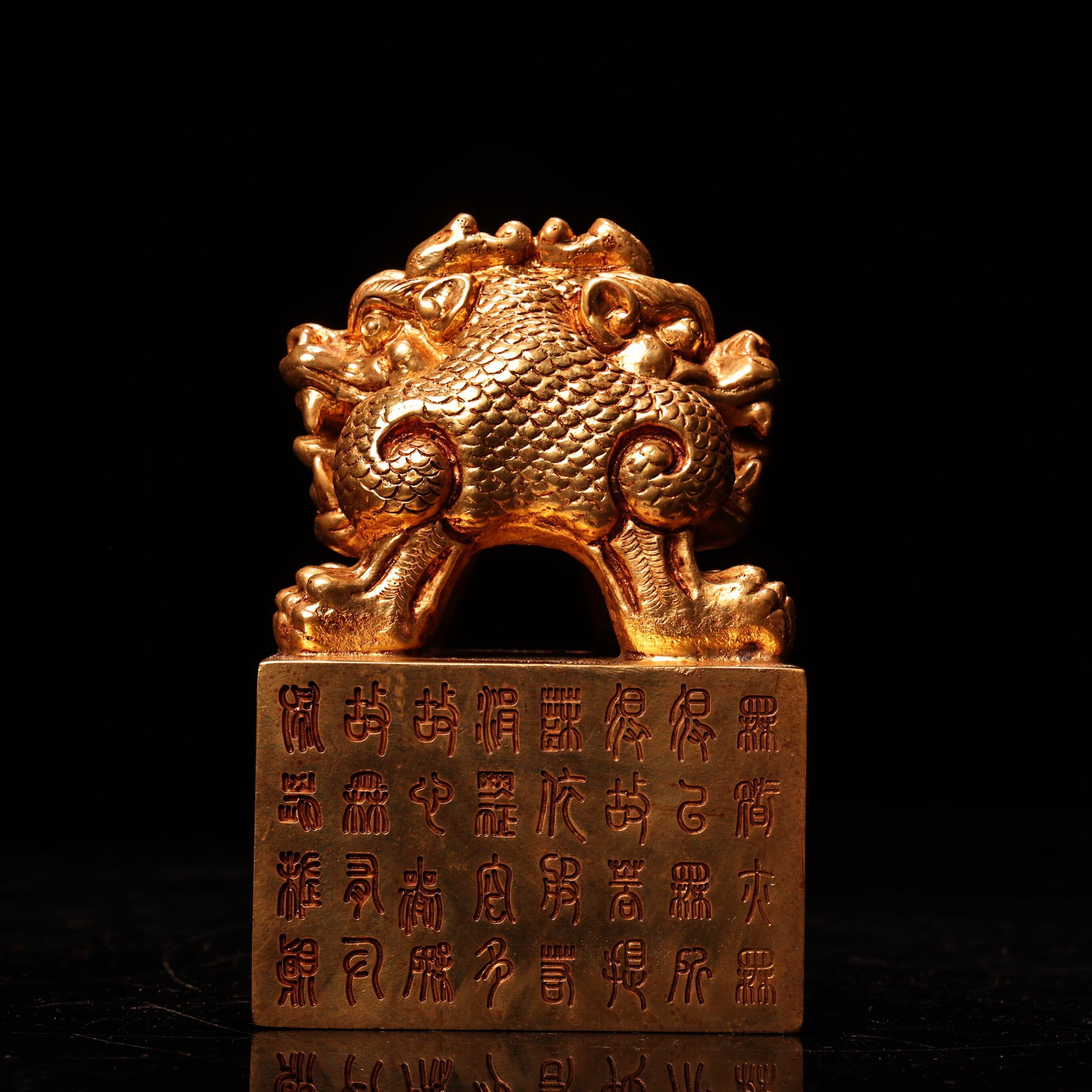 旧藏纯铜鎏金龙凤呈祥如意钩全铜老铜实心狮子生肖玉玺老印章收藏