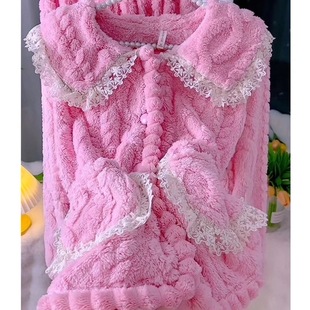 ins风睡衣女珊瑚绒加绒加厚保暖娃娃领纯色宽松宿舍家居服套装