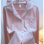 女士秋冬简约花边长袖 厚款 柔软海岛绒甜美睡衣家居服