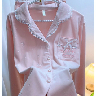 女士秋冬简约花边长袖 柔软海岛绒甜美睡衣家居服 厚款