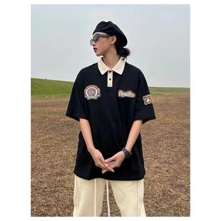 POLO衫 日系复古简约刺绣短袖 男潮牌街头宽松情侣休闲体恤