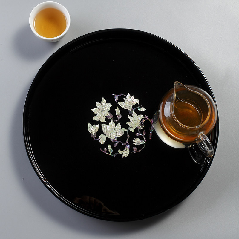 新中式复古圆形螺钿漆器茶盘高颜值下午茶盘水果盘零食坚果点心盘
