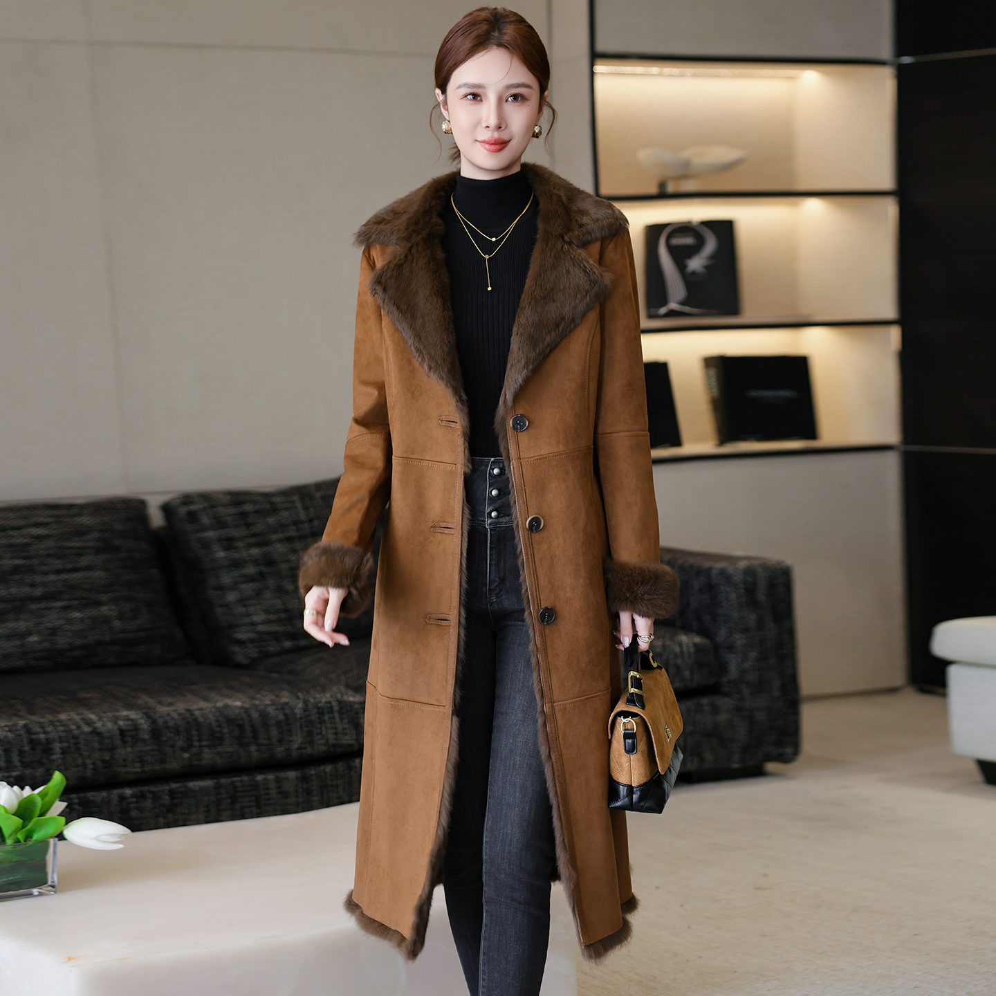 翻领皮草大衣中长款毛领修身外套