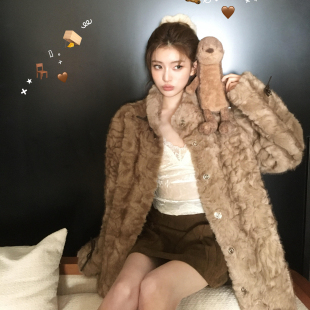 小熊心事立领染尖皮毛一体大衣女冬季 慵懒休闲环保皮草外套中长款