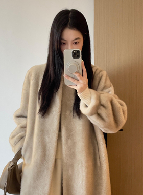 2025冬新款中古仿貂皮毛一体大衣宽松长款环保水貂毛毛皮草外套女