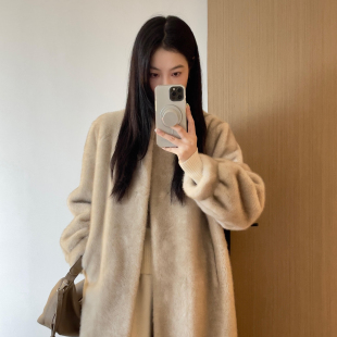 2025冬新款 环保水貂毛毛皮草外套女 中古仿貂皮毛一体大衣宽松长款