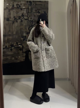 羊羔毛复古慵懒风大衣2025冬季新款皮毛一体皮草外套女立领中长款