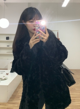 2025冬季新款复古气质黑色仿兔毛刷花毛毛绒外套女中长款皮草大衣