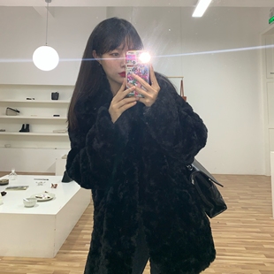 2025冬季新款复古气质黑色仿兔毛刷花毛毛绒外套女中长款皮草大衣