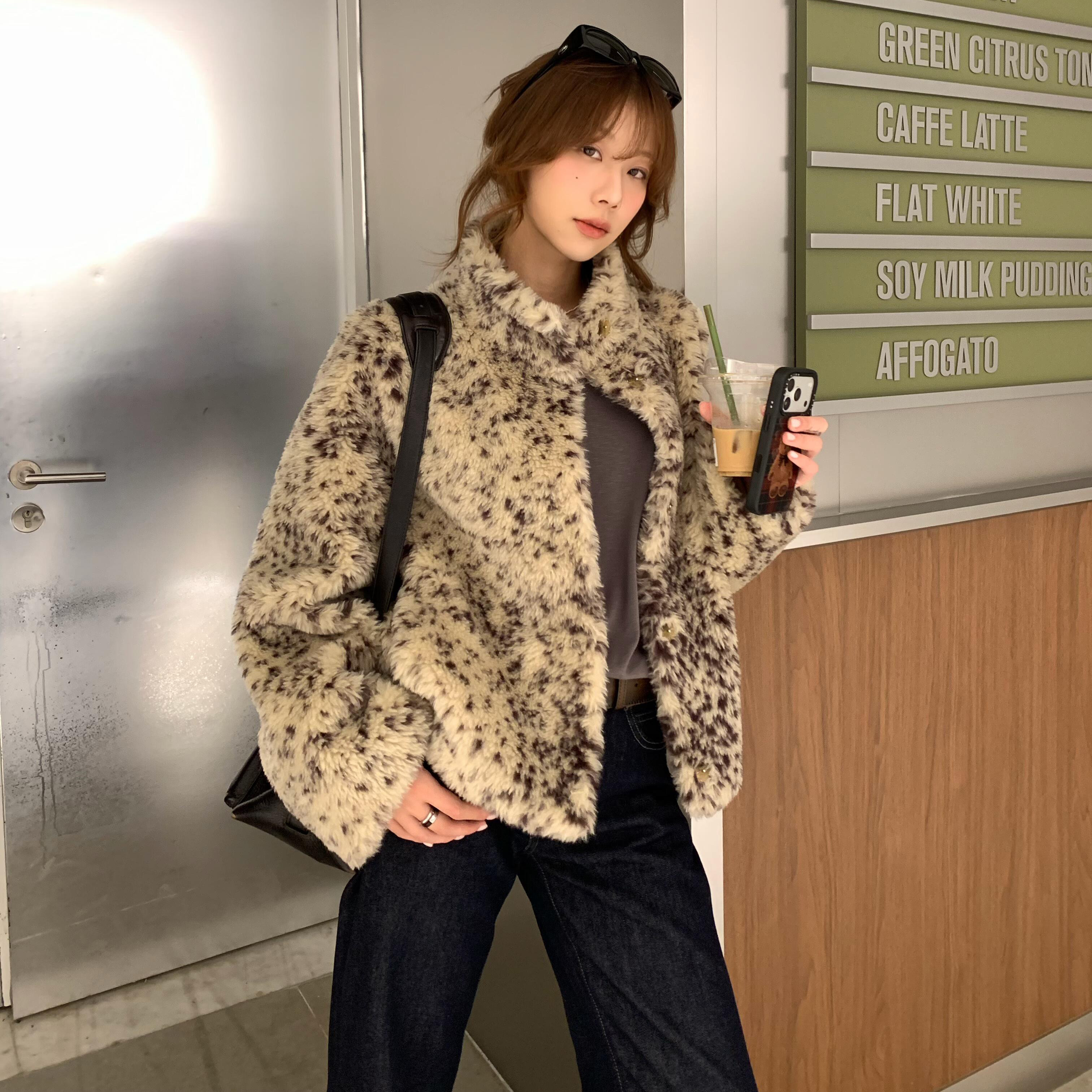 豹纹小鹿斑点羊羔毛立领外套女