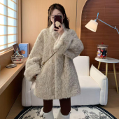 慵懒感皮毛一体羊羔毛仿皮草外套女冬季 宽松花狐貂毛毛大衣 中长款