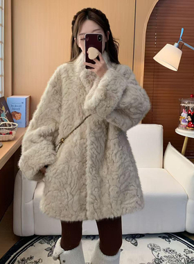 慵懒感皮毛一体羊羔毛仿皮草外套女冬季中长款宽松花狐貂毛毛大衣