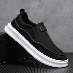无鞋带白底黑面男鞋没有鞋带的运动板鞋男款懒人不用系鞋带帆布鞋