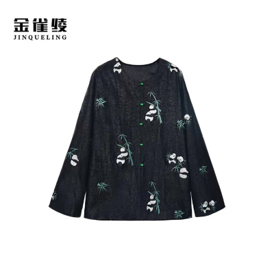 金雀绫【绿竹熊猫】香云纱龟裂纹100桑蚕丝加宽加大外套SZA3TW626