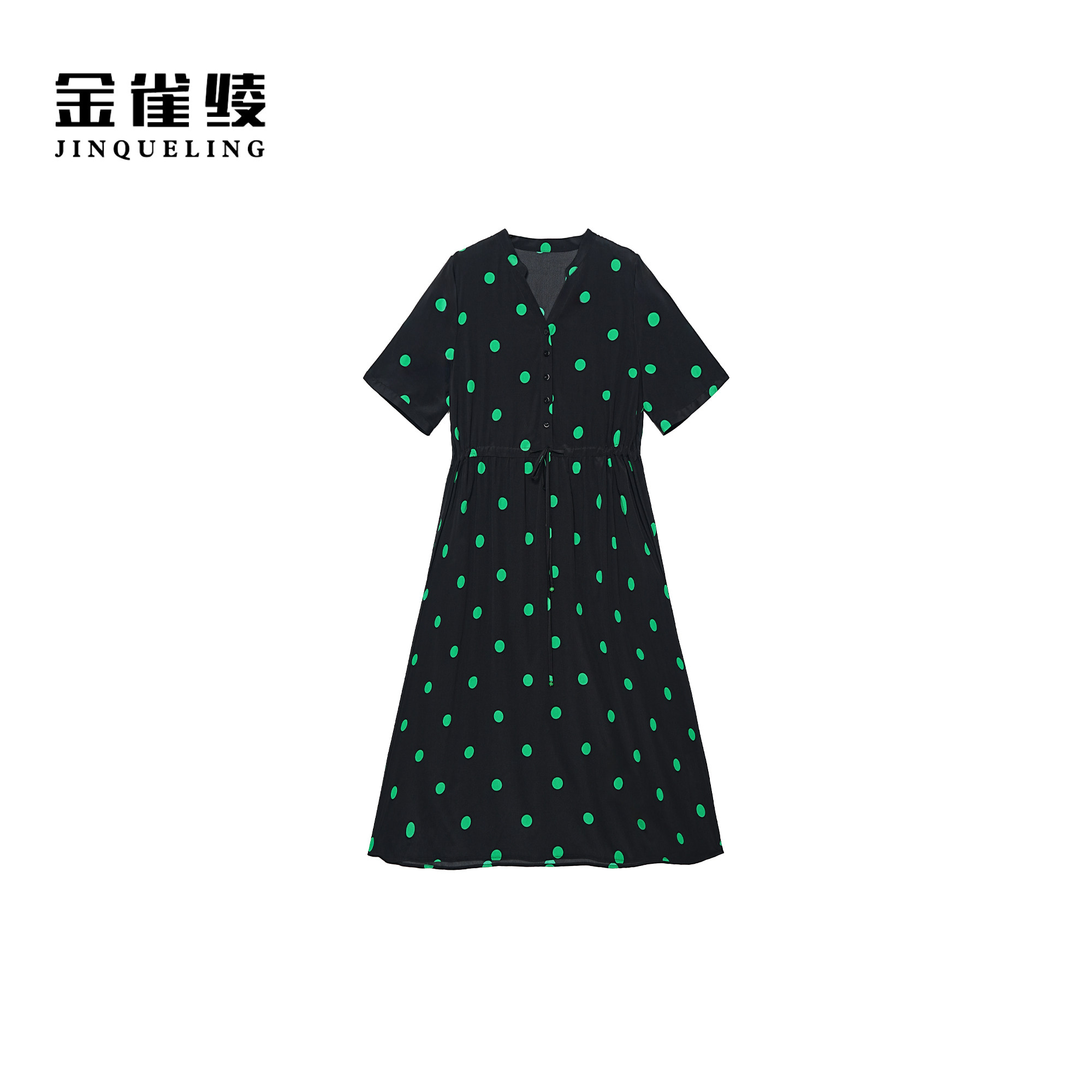 金雀绫【绿色圆舞曲】桑蚕丝弹力双绉波点加宽加大连衣裙SZBQ117