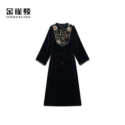 金雀绫【一揽芳华】100桑蚕丝丝绒新中式加宽加大连衣裙SZA3LY829