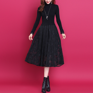 2025秋冬新款气质优雅拼接蕾丝修身显瘦打底羊毛针织连衣裙女