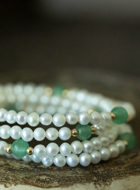 泼墨。天然玲珑淡水珍珠   配绿玉髓    925银镀金  颈链项链