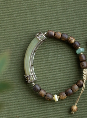 泼墨。老银镶嵌老翡翠手镯   配沉香木珠  玲珑秀气  手链手环