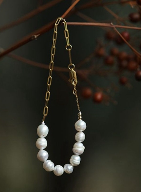 泼墨。珍珠S925银镀金手链