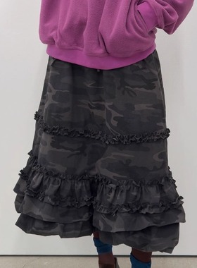 TYPESERVICE韩国代购秋冬街头复古迷彩褶皱花边底休闲显瘦半身裙