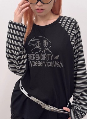 TYPESERVICE韩国2025秋季插肩袖宽松圆领内搭条纹打底衫长袖T恤女