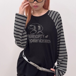 TYPESERVICE韩国2025秋季插肩袖宽松圆领内搭条纹打底衫长袖T恤女