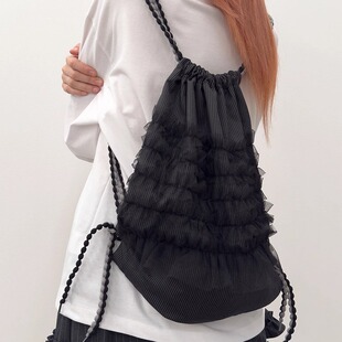 TYPESERVICE韩国小众设计师品牌2025秋季条纹褶皱少女双肩包背包