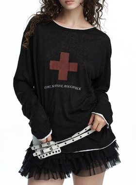 Roughneck韩国小众设计师品牌长袖T恤衫女2025秋新款磨毛正肩内搭