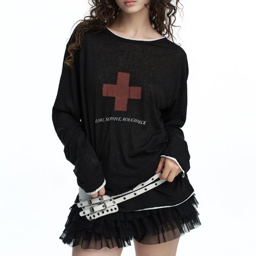 休闲显瘦假两件套长袖印花T恤