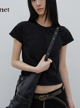 Deinet韩国小众品牌女装氛围设计感正肩简约时尚百搭短袖T恤衫