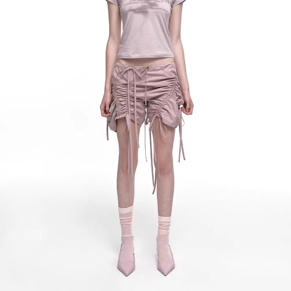 NACHE韩国设计师品牌2026春夏灰粉色系绳抽褶皱短裤子女休闲百搭,女装/女士精品,短裤,淘宝优惠券,粉丝福利购,淘宝优惠卷