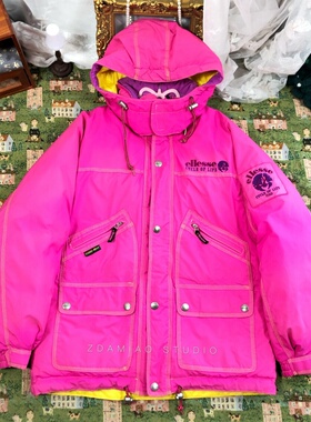 ZDAMIAO日本古着vintage中古ellesse玫红色羽绒服棉服保暖外套厚