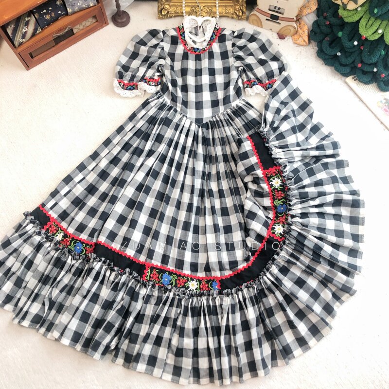 海淘精品中古Vintage复古黑白格子墨西哥刺绣圆舞曲古着连衣裙童