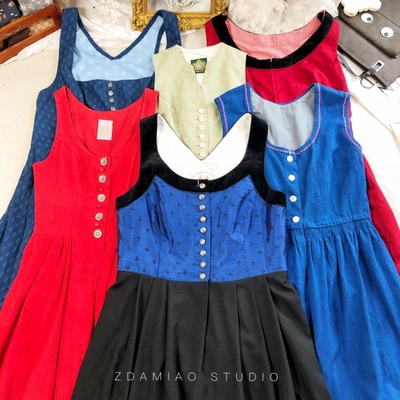 特惠海淘德国巴伐利亚收腰复古纯色提花大摆秋冬百搭连衣裙棉麻