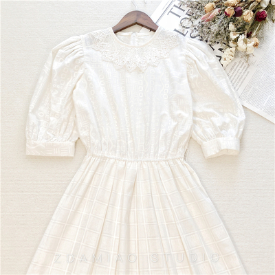 海淘美式复古少女米白暗纹印花蕾丝三角领古着vintgae连衣裙经典