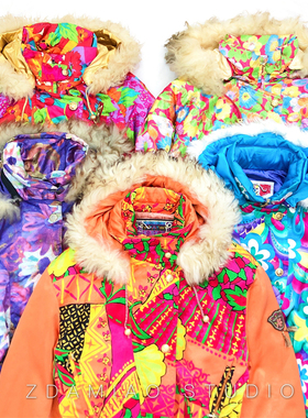 ZDAMIAO日本古着复古花朵印花收腰滑雪服毛领连帽保暖棉服冬百搭