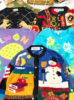 海淘精品重工钩花童趣彩色美式复古棉麻vintage古着毛衣钉珠亮片