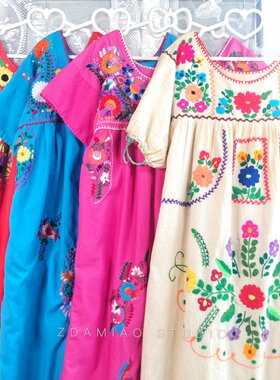 海淘精品墨西哥重工手工刺绣彩色复古宽松连衣裙古着Vintage森林