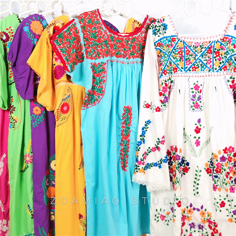 海淘墨西哥产重工手工刺绣连衣裙vintage苍井优森系古着屋同款夏