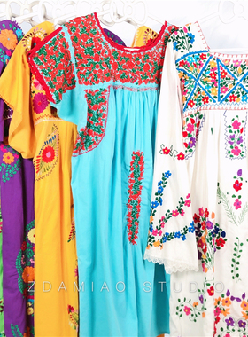 海淘墨西哥产重工手工刺绣连衣裙vintage苍井优森系古着屋同款夏